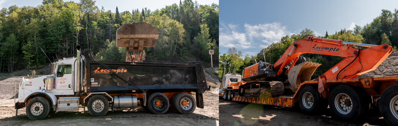 Camion en chargement et pelle en route vers un chantier