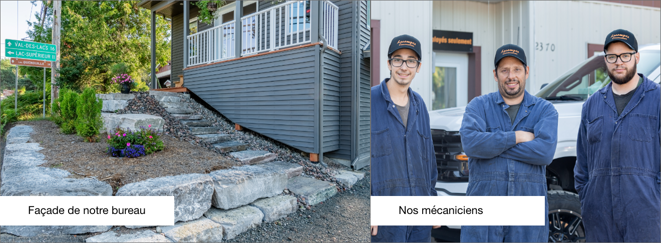 Façade du bureau et équipe de mécaniciens de Lecompte Excavation